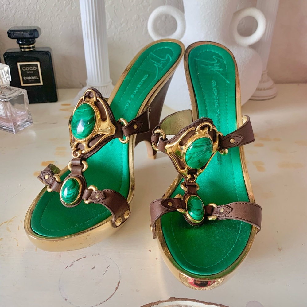 Vintage Giuseppe Zanotti Emerald Green and Gold Wedge Heels